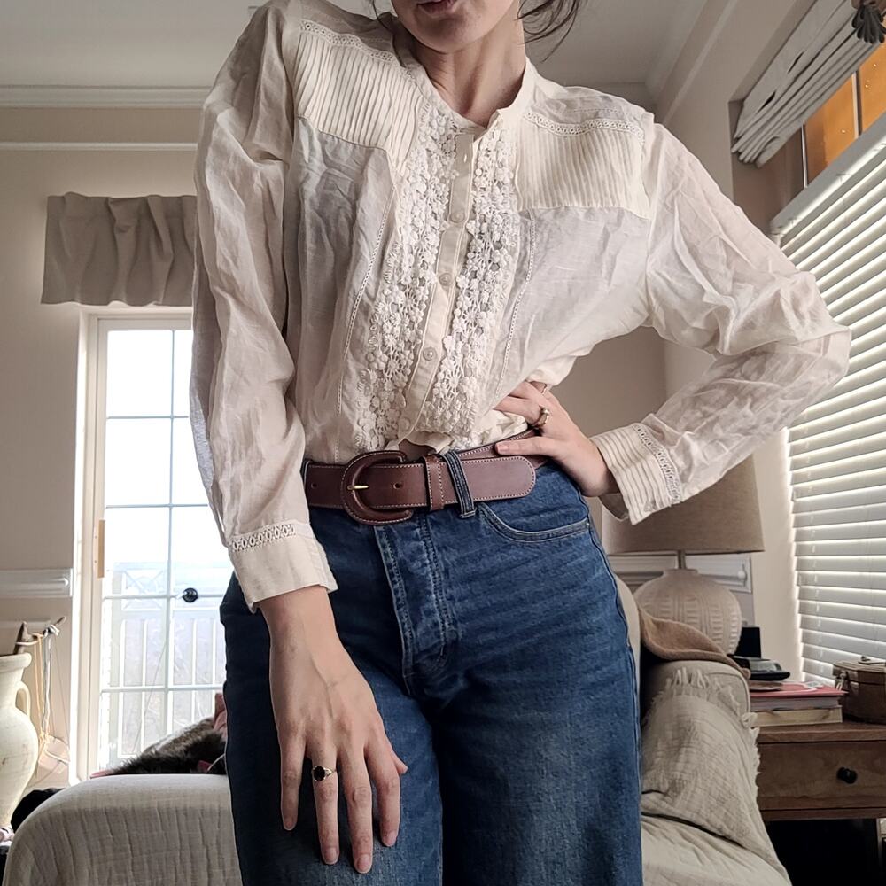 Cottage Style Top with Lace Cotton Silk  Sz M/L